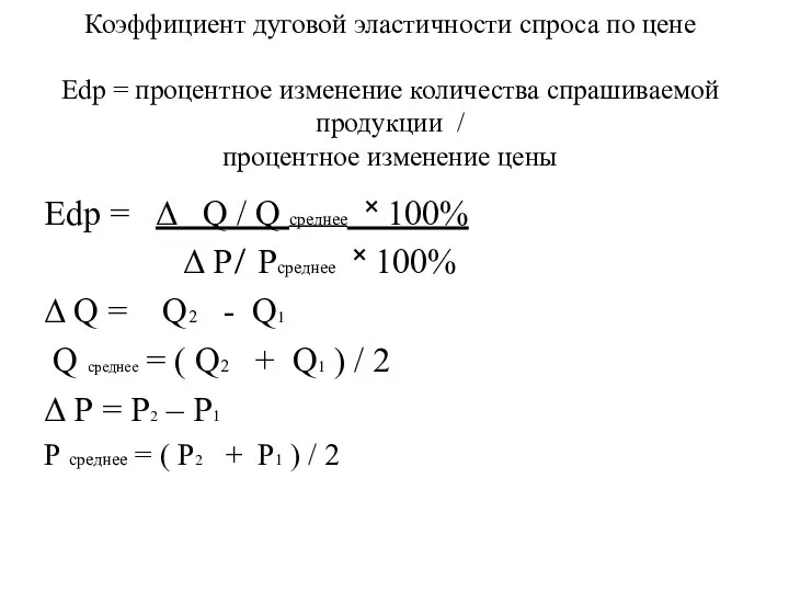 Коэффициент дуговой эластичности спроса по цене Edp = процентное изменение количества спрашиваемой