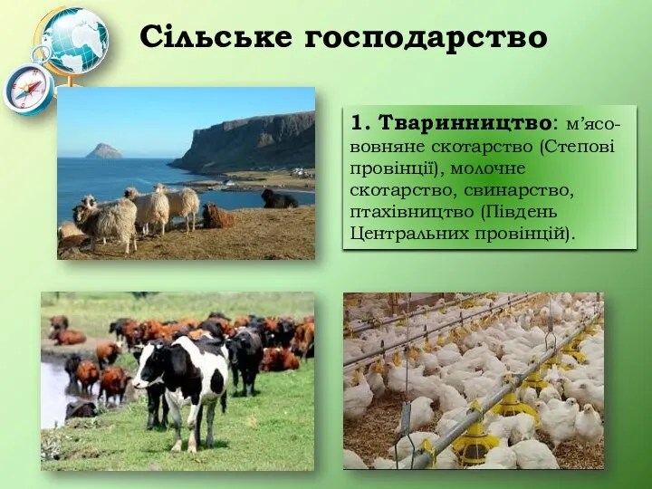 Сільське господарство 1. Тваринництво: м’ясо-вовняне скотарство (Степові провінції), молочне скотарство, свинарство, птахівництво (Південь Центральних провінцій).