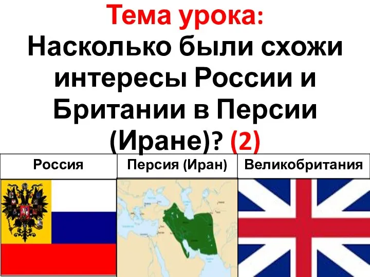 Тема урока: Насколько были схожи интересы России и Британии в Персии (Иране)? (2)