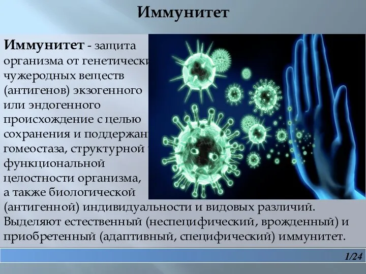Иммунитет Иммунитет - защита организма от генетически чужеродных веществ (антигенов) экзогенного или