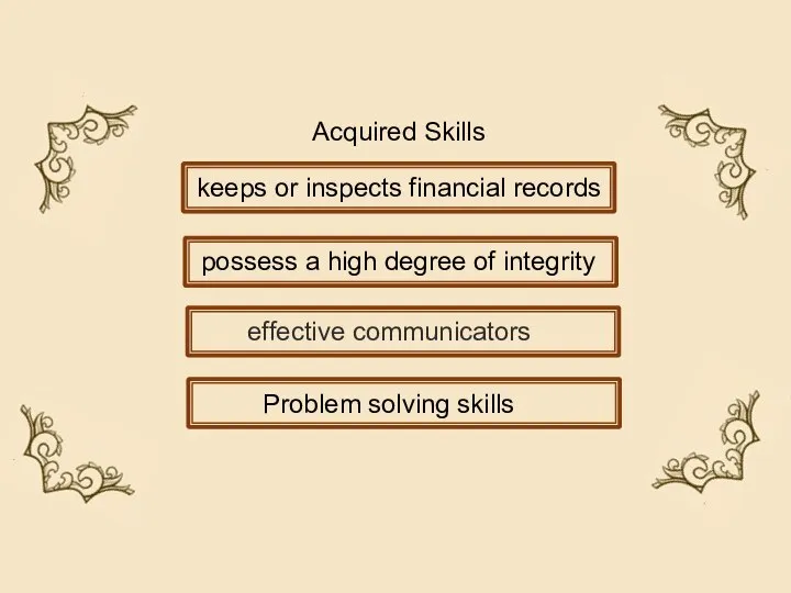Acquired Skills keeps or inspects financial records possess a high degree of
