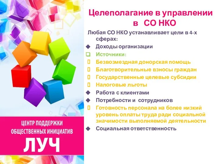 Целеполагание в управлении в СО НКО Любая СО НКО устанавливает цели в