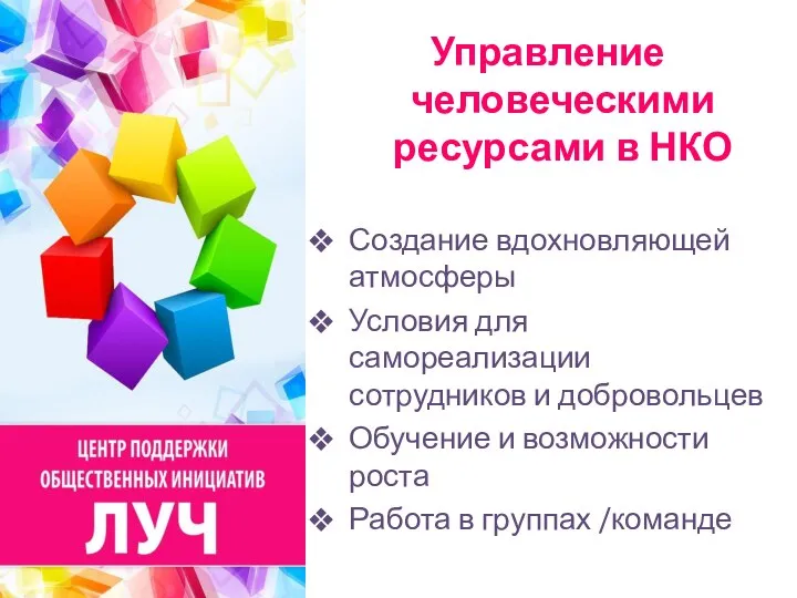 Управление человеческими ресурсами в НКО Создание вдохновляющей атмосферы Условия для самореализации сотрудников