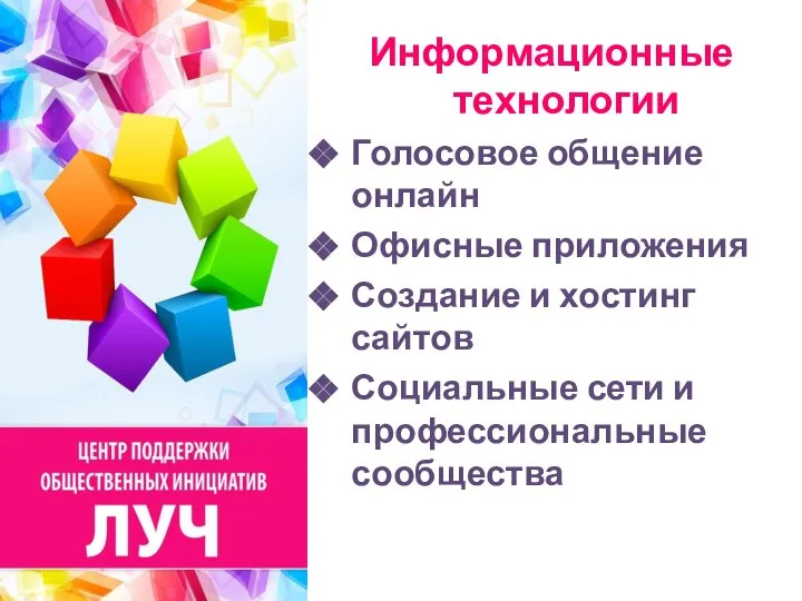 Информационные технологии Голосовое общение онлайн Офисные приложения Создание и хостинг сайтов Социальные сети и профессиональные сообщества