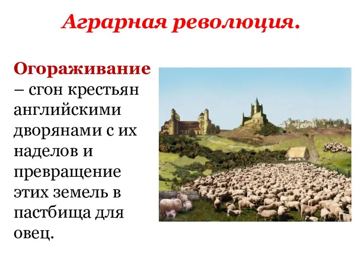 Аграрная революция. Огораживание – сгон крестьян английскими дворянами с их наделов и