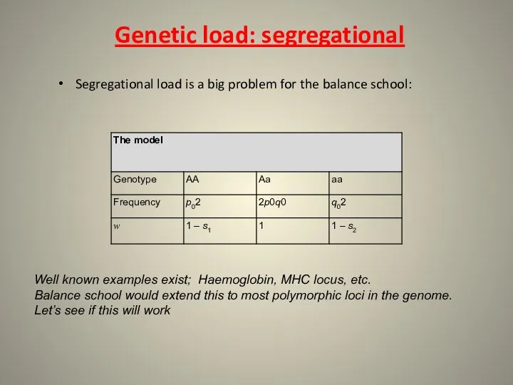 Genetic load: segregational Segregational load is a big problem for the balance
