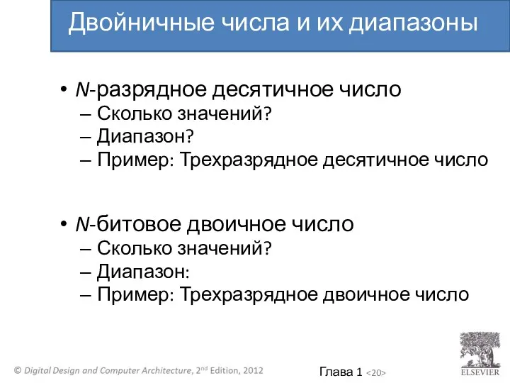 N-разрядное десятичное число Сколько значений? Диапазон? Пример: Трехразрядное десятичное число N-битовое двоичное