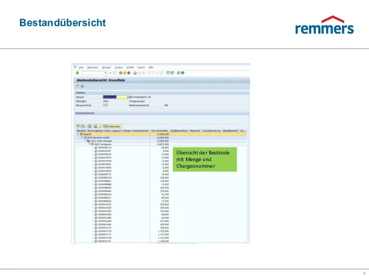 Bestandübersicht Übersicht der Bestände mit Menge und Chargennummer