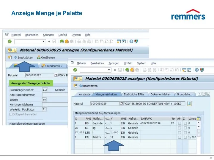 Anzeige Menge je Palette Anzeige der Menge je Palette