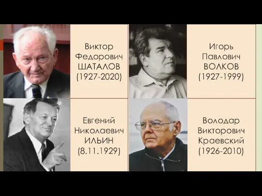 Виктор Федорович ШАТАЛОВ (1927-2020) Евгений Николаевич ИЛЬИН (8.11.1929) Игорь Павлович ВОЛКОВ (1927-1999) Володар Викторович Краевский (1926-2010)