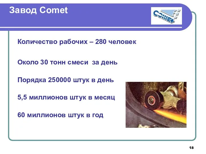 Завод Comet Количество рабочих – 280 человек Около 30 тонн смеси за