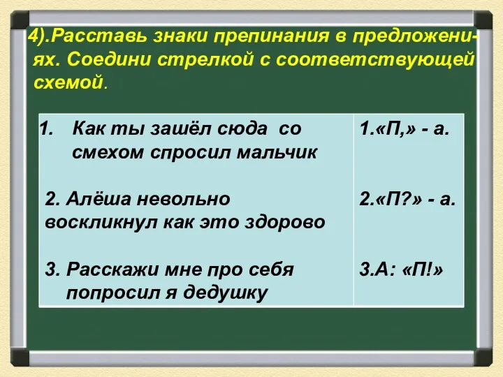 4).Расставь знаки препинания в предложени- ях. Соедини стрелкой с соответствующей схемой.