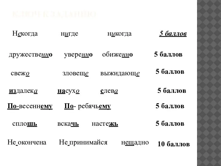 КЛЮЧ К ЗАДАНИЮ Некогда нигде никогда 5 баллов дружественно уверенно обиженно 5