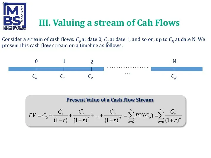 III. Valuing a stream of Cah Flows Consider a stream of cash