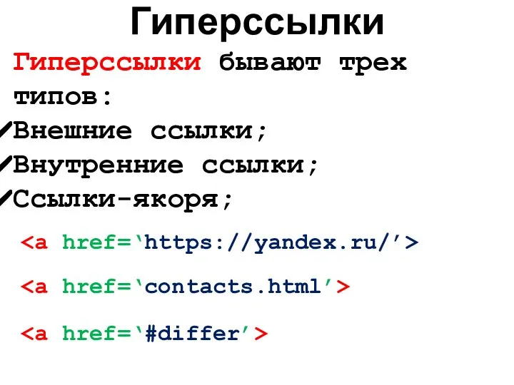 Гиперссылки бывают трех типов: Внешние ссылки; Внутренние ссылки; Ссылки-якоря; Гиперссылки