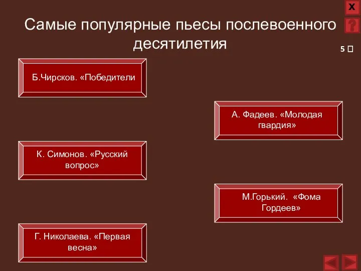 Самые популярные пьесы послевоенного десятилетия Б.Чирсков. «Победители А. Фадеев. «Молодая гвардия» К.