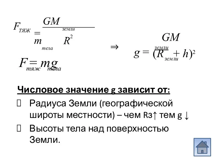 R2 = GM земли mтела F ТЯЖ тяж тела F = m