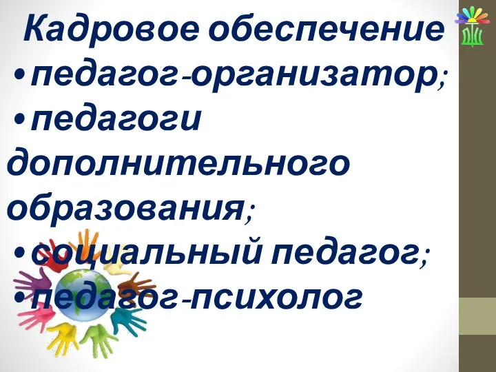 Кадровое обеспечение • педагог-организатор; • педагоги дополнительного образования; • социальный педагог; • педагог-психолог