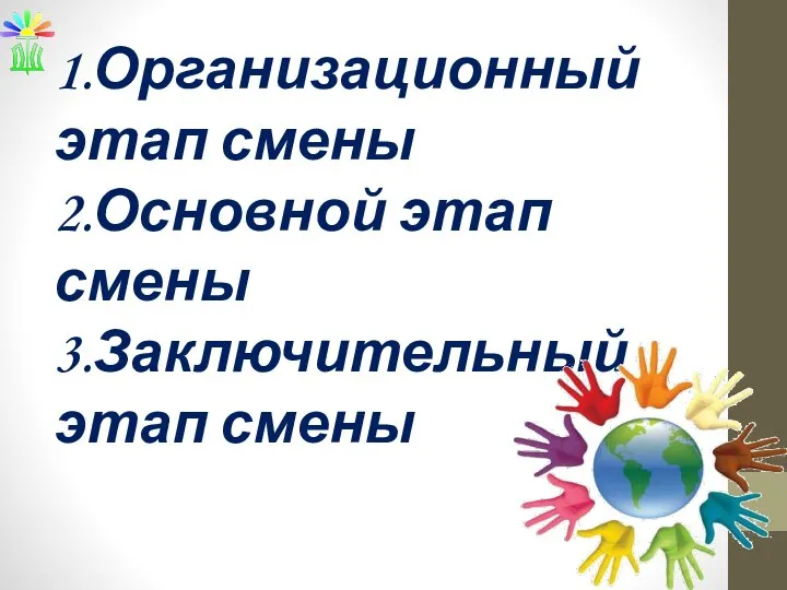 1.Организационный этап смены 2.Основной этап смены 3.Заключительный этап смены