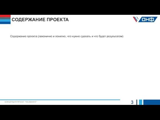 СОДЕРЖАНИЕ ПРОЕКТА 3 КОНЦЕПЦИЯ ПРОЕКТ “НАЗВАНИЕ” Содержание проекта (лаконично и понятно, что