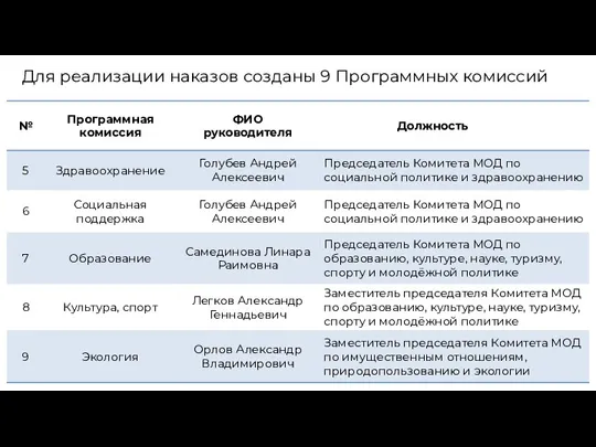 Для реализации наказов созданы 9 Программных комиссий