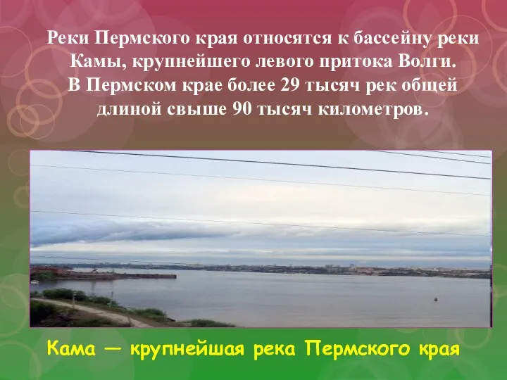 Реки Пермского края относятся к бассейну реки Камы, крупнейшего левого притока Волги.