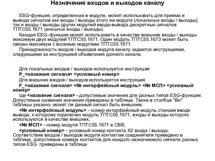 Назначение входов и выходов каналу ESG-функция, определенная в модуле, может использовать для