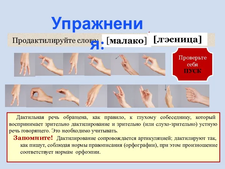 Продактилируйте слова: «молоко», «лестница» Проверьте себя ПУСК Дактильная речь обращена, как правило,