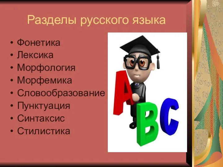 Разделы русского языка Фонетика Лексика Морфология Морфемика Словообразование Пунктуация Синтаксис Стилистика