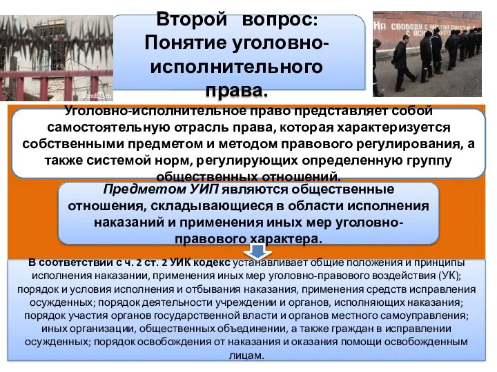 Второй вопрос: Понятие уголовно-исполнительного права. Уголовно-исполнительное право представляет собой самостоятельную отрасль права,