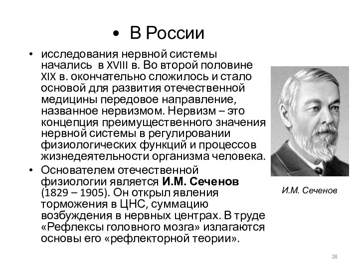 • В России исследования нервной системы начались в XVIII в. Во второй