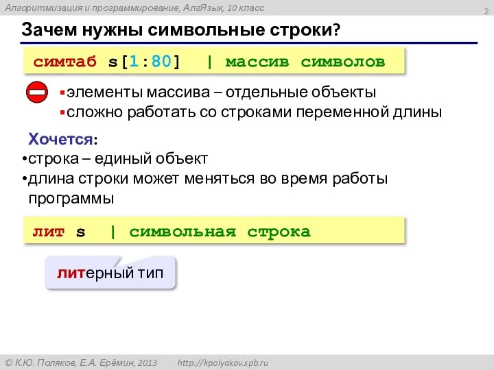 Зачем нужны символьные строки? симтаб s[1:80] | массив символов элементы массива –