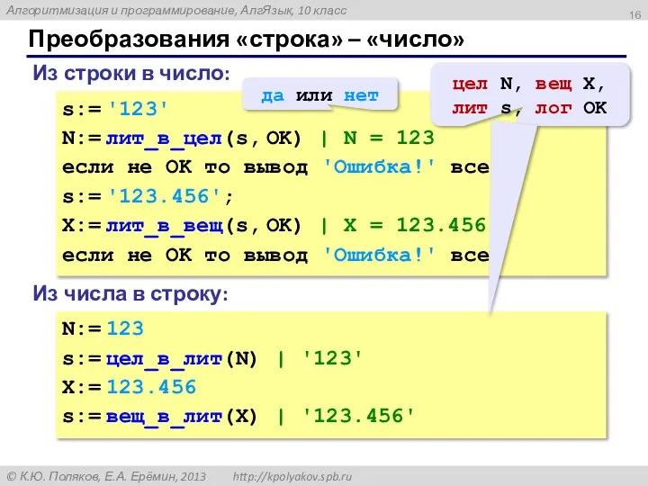 Преобразования «строка» – «число» Из строки в число: s:= '123' N:= лит_в_цел(s,