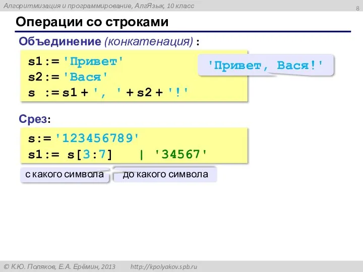 Операции со строками Объединение (конкатенация) : s1:= 'Привет' s2:= 'Вася' s :=