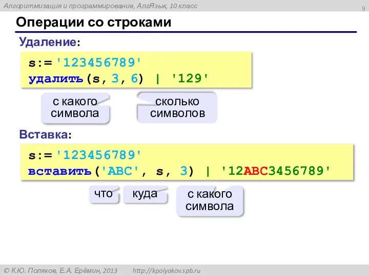 Операции со строками Вставка: s:= '123456789' вставить('ABC', s, 3) | '12ABC3456789' что