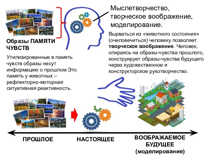 ПРОШЛОЕ НАСТОЯЩЕЕ Мыслетворчество, творческое воображение, моделирование. Образы ПАМЯТИ ЧУВСТВ ВООБРАЖАЕМОЕ БУДУЩЕЕ (моделирование)