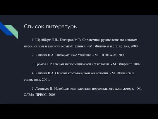 Список литературы 1. Шрайберг Я.Л., Гончаров М.В. Справочное руководство по основам информатики