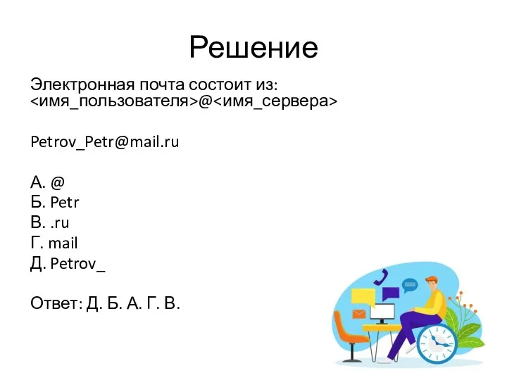Решение Электронная почта состоит из: @ Petrov_Petr@mail.ru А. @ Б. Petr В.
