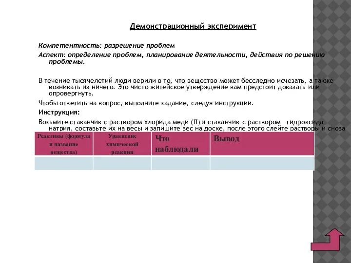 Демонстрационный эксперимент Компетентность: разрешение проблем Аспект: определение проблем, планирование деятельности, действия по