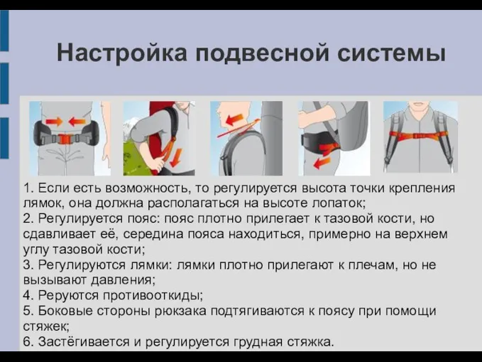 Настройка подвесной системы 1. Если есть возможность, то регулируется высота точки крепления