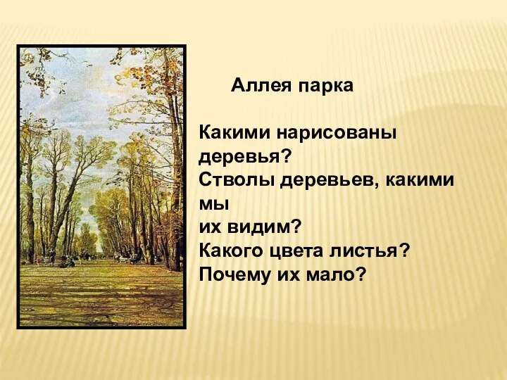 Аллея парка Какими нарисованы деревья? Стволы деревьев, какими мы их видим? Какого