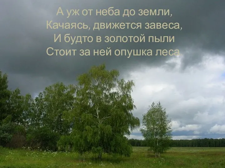 А уж от неба до земли, Качаясь, движется завеса, И будто в