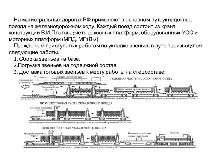 На магистральных дорогах РФ применяют в основном путеукладочные поезда на железнодорожном ходу.