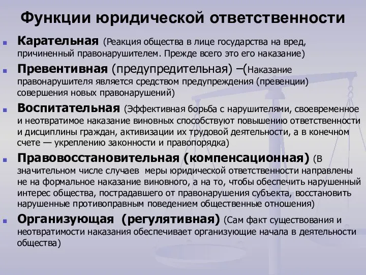 Функции юридической ответственности Карательная (Реакция общества в лице государства на вред, причиненный