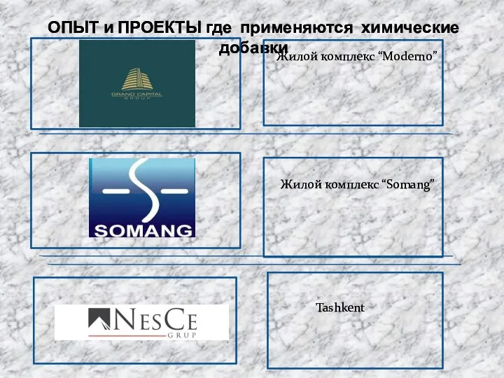 ОПЫТ и ПРОЕКТЫ где применяются химические добавки Жилой комплекс “Moderno” Жилой комплекс “Somang” Tashkent