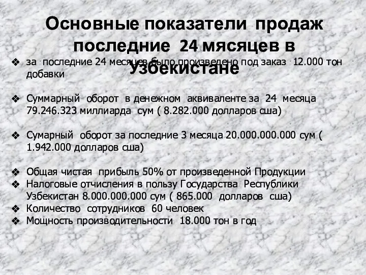 Основные показатели продаж последние 24 мясяцев в Узбекистане за последние 24 месяцев