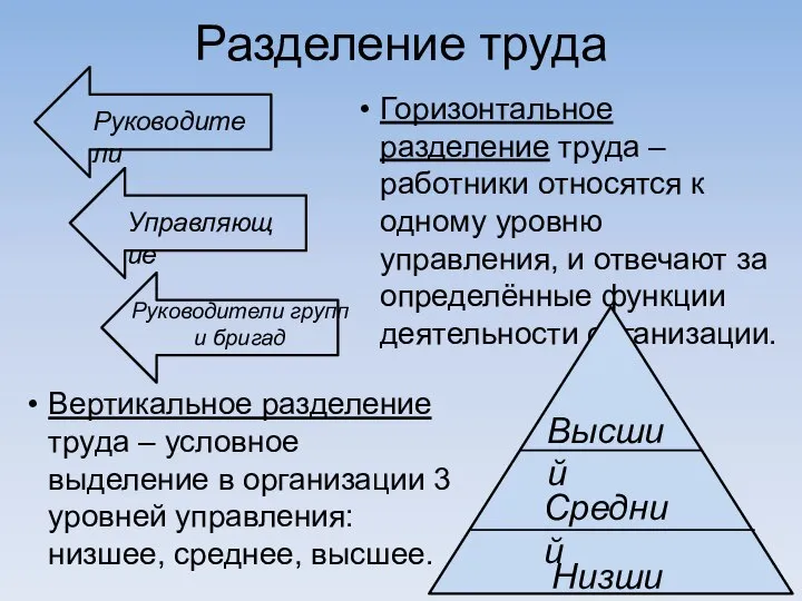 Разделение труда Горизонтальное разделение труда – работники относятся к одному уровню управления,