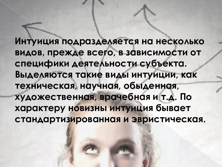 Интуиция подразделяется на несколько видов, прежде всего, в за­висимости от специфики деятельности