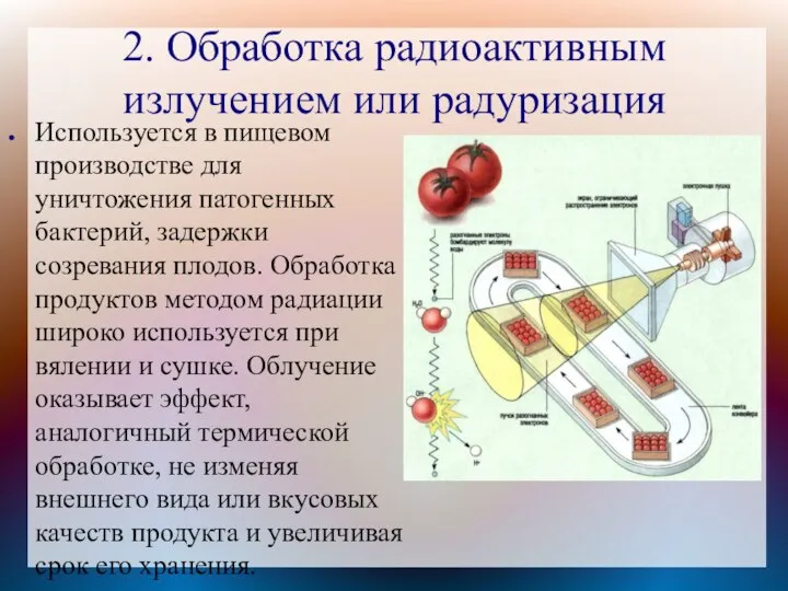 2. Обработка радиоактивным излучением или радуризация Используется в пищевом производстве для уничтожения