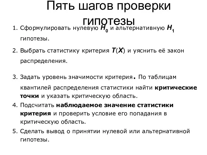 Пять шагов проверки гипотезы 1. Сформулировать нулевую H0 и альтернативную H1 гипотезы.